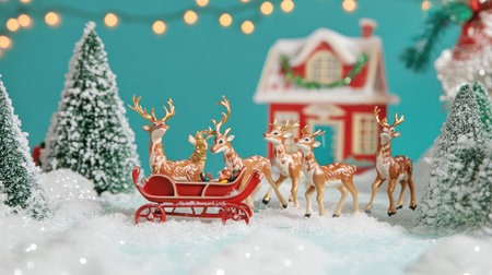 A delightful winter scene featuring reindeer pulling a bright red sleigh amidst snowy landscapes and festive decorations, evoking the joy of the holiday season.の素材