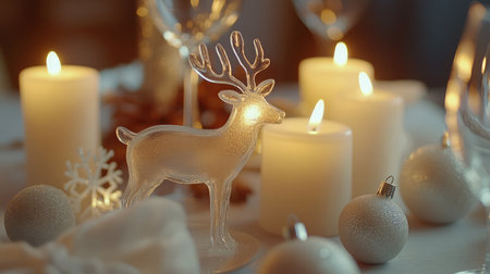 A serene holiday scene featuring a sparkling reindeer among glowing candles and elegant ornaments, perfect for evoking warmth and joy during festive celebrations.の素材