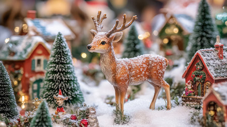 A beautiful holiday scene showcasing a decorative reindeer set against a backdrop of snow-covered miniature houses and festive Christmas decorations, evoking a winter wonderland feeling.の素材