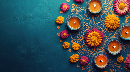 Colorful candles surrounded by marigold petals create a festive atmosphere on a turquoise background, symbolizing celebration and joy for various cultural events.の素材