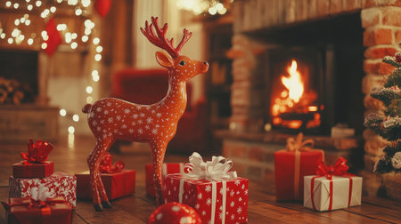 A cozy Christmas setting featuring a charming reindeer decoration beside a warm fireplace, surrounded by beautifully wrapped gifts, creating a joyful holiday atmosphere.の素材