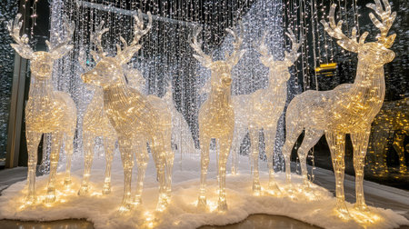 A stunning display of illuminated reindeer figures surrounded by twinkling fairy lights, perfect for enhancing any festive winter celebration and creating a magical atmosphere.の素材