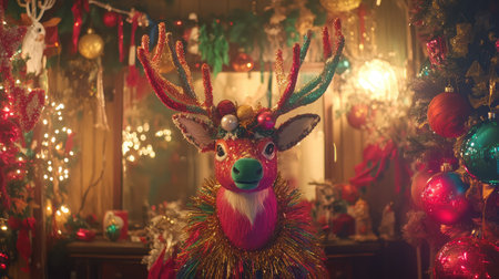 A vibrant and colorful depiction of a festive reindeer adorned with shimmering antlers, set against a backdrop of twinkling lights and holiday decorations, perfect for seasonal themes.の素材