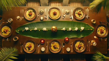 A beautifully arranged dining table set for a luxurious meal, showcasing gourmet dishes enriched by tropical greenery and elegant decorative touches, perfect for gatherings and celebrations.の素材