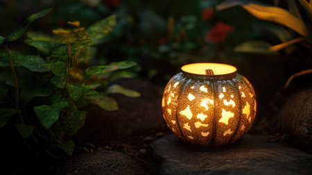 A beautifully carved pumpkin candle emits a warm glow, surrounded by vibrant greenery and stones, creating a serene outdoor ambiance perfect for autumn evenings.の素材