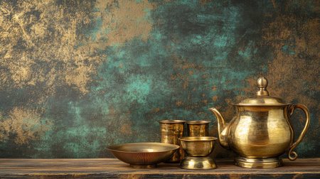 This image features a vintage brass teapot accompanied by cups and a bowl, elegantly displayed on a rustic wooden table with a gorgeous patina wall background.の素材