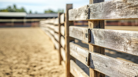 A close-up view of a weathered wooden fence in a rural arena setting, capturing the essence of tranquility and natural beauty with rustic charm.の素材