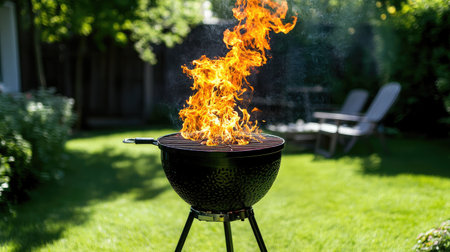 A picturesque backyard scene featuring a black charcoal grill with vibrant flames dancing above. Perfect for summer gatherings and outdoor cooking moments.の素材