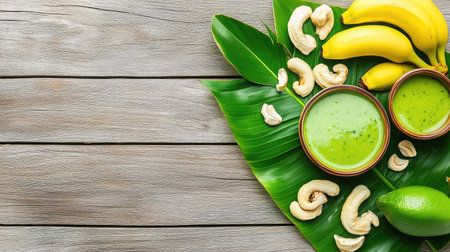 A vibrant green smoothie served in bowls accompanied by fresh bananas and cashews, perfectly set on a rustic wooden table with tropical leaves. Ideal for health and wellness themes.の素材