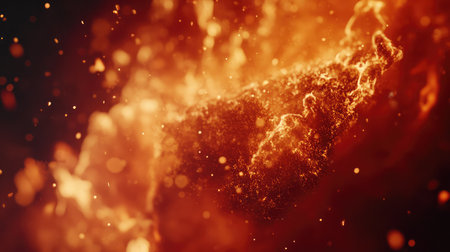 A breathtaking abstract background featuring dynamic flames and sparkling particles, creating an intense orange hue suitable for various creative projects and digital artwork.の素材
