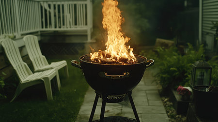 A vibrant charcoal grill blazes with intense flames in a serene backyard, creating a perfect atmosphere for summer cookouts and outdoor dining experiences.の素材