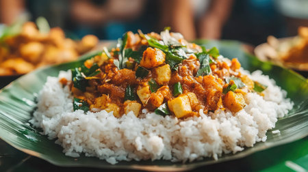 This appealing image showcases a plate of fluffy rice generously topped with spicy curry, fresh herbs, and vibrant colors, reflecting a joyous dining experience rich in flavor and culture.の素材
