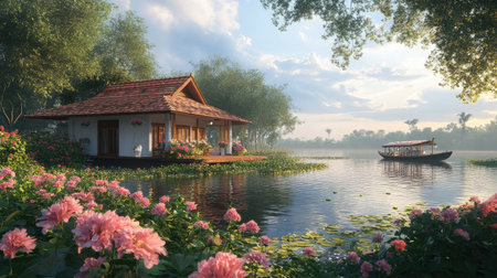 A tranquil lakeside house nestled among vibrant flowers and lush greenery, providing a peaceful retreat in nature with a mesmerizing reflection on water, capturing serene beauty.の素材