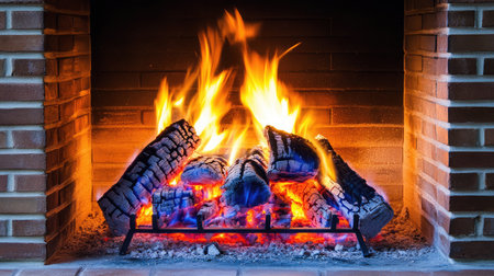 A vibrant fireplace scene featuring bright flames and glowing embers in a rustic brick setting, perfect for creating a cozy and inviting atmosphere in any home.の素材