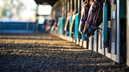 A serene scene of horses leaning out of their stalls in a well-lit equestrian stable, showcasing the beauty of these animals in a tranquil rural environment.の素材
