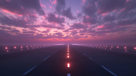 Captivating view of an endless road lined with glowing markers beneath a vibrant sunset, featuring soft clouds and a serene atmosphere that invites exploration.の素材