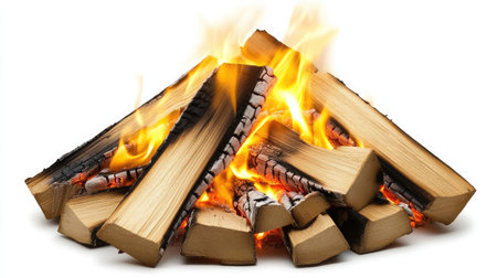 A visually striking arrangement of firewood ablaze with bright flames, ideal for enhancing any cozy setting during winter nights or outdoor gatherings.の素材