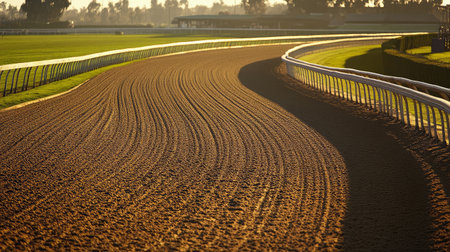 A captivating morning view of a horse racing track, featuring smooth dirt curves, bathed in soft sunlight and long shadows, creating a peaceful, scenic atmosphere perfect for racing enthusiasts.の素材