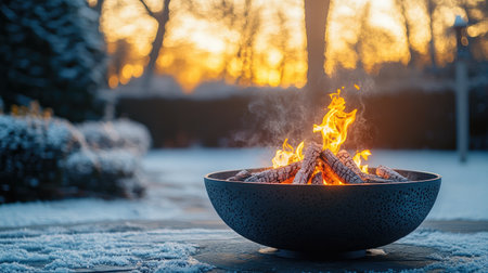 A beautiful outdoor fire pit emits vibrant flames, surrounded by a serene snowy landscape during dusk. The warm glow creates a calming atmosphere against a tranquil winter setting.の素材