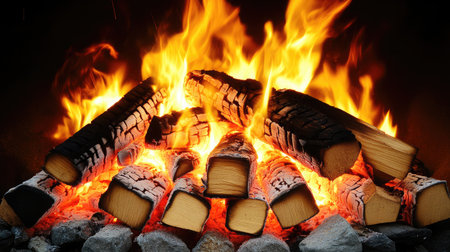 A vibrant and warm fire burns brightly, surrounded by logs and stones, creating a cozy atmosphere perfect for relaxation or outdoor gatherings.の素材