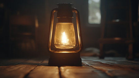 A vintage oil lantern casting a warm glow in a rustic interior, creating a tranquil and inviting atmosphere perfect for traditional home decor and evening ambiance.の素材