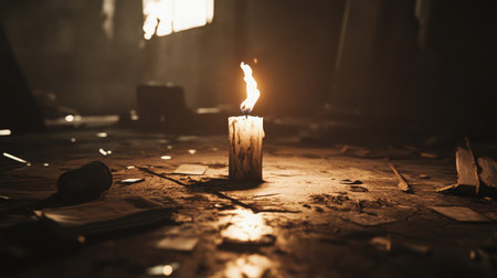 A single flickering candle stands amidst scattered papers on a dusty floor in an abandoned room, creating a captivating atmosphere of mystery and quiet reflection.の素材