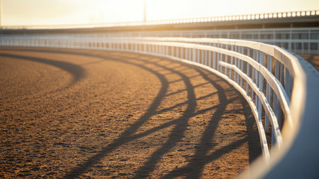 A stunning view of a horse racing track at sunset, showcasing curved white rails casting shadows on the sandy surface, evoking a peaceful, tranquil atmosphere.の素材