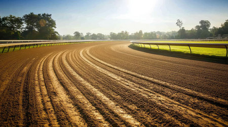 This captivating image showcases a winding horse racing track bathed in morning sunlight, surrounded by vibrant greenery and clear blue skies, creating a serene atmosphere for outdoor activities.の素材