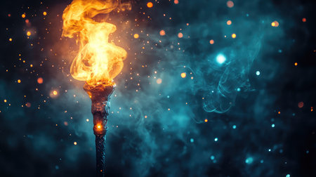 A striking torch flame dances against a dark background, creating an enchanting atmosphere filled with glowing particles and soft smoke, ideal for fantasy or adventure themes.の素材