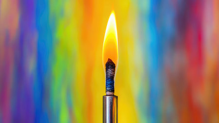 A vibrant close-up image featuring a flickering flame from a wick against a colorful rainbow backdrop, symbolizing energy, warmth, and artistic beauty in a captivating visual representation.の素材