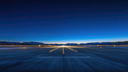 Breathtaking view of an empty airport runway at night with bright lights guiding the way. The serene sky filled with stars complements the stunning mountain backdrop.の素材