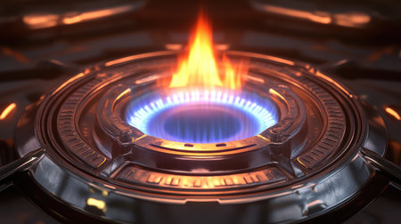 This image showcases a close-up of a gas stove burner with dynamic flames, emphasizing modern kitchen design and the importance of cooking safety and efficiency.の素材