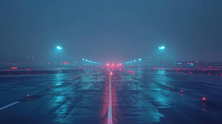 A striking image of a wet runway at night illuminated by colorful lights, creating a vibrant and mysterious atmosphere filled with reflections and fog.の素材