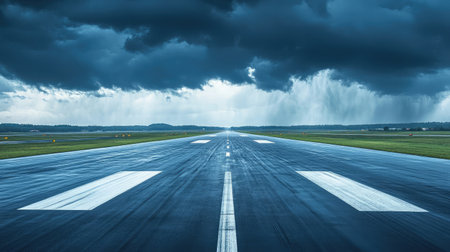 A runway stretches into a moody sky filled with ominous clouds and rain. The wet surface reflects the dark tones of impending storm, creating a dramatic atmosphere.の素材