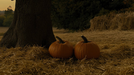 Experience the beauty of autumn with two vibrant pumpkins resting on straw beneath a large tree, surrounded by peaceful landscapes and golden foliage, capturing the essence of the harvest season.の素材