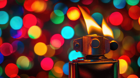 A close-up of a lighter with a vibrant flame set against a colorful bokeh background, creating a festive atmosphere perfect for celebration or artistic themes.の素材