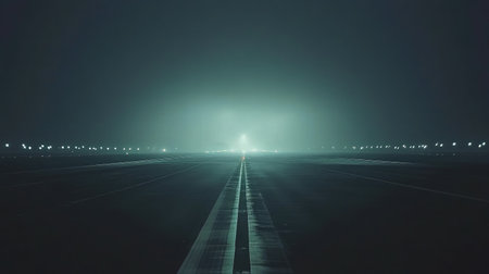 An atmospheric view of an airport runway at night, enveloped in fog and illuminated by soft lights, evoking a sense of mystery and adventure for travelers.の素材