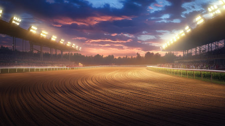 Captivating scene of a horse racing track at sunset, featuring bright floodlights illuminating the dirt track as spectators gather to enjoy the exciting event.の素材