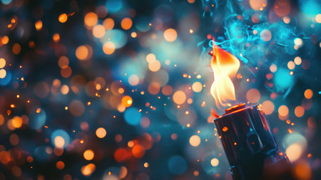 A striking image of a lighter flame surrounded by a mesmerizing bokeh backdrop, creating a captivating atmosphere of warmth and illumination with colorful light effects.の素材