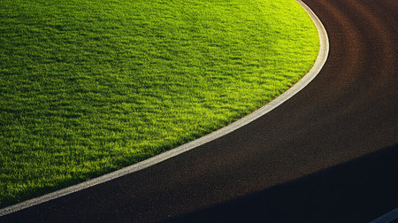 A captivating image showcasing the gentle curve of vibrant green grass meeting a smooth asphalt road, illustrating the harmony between natural beauty and urban elements.の素材