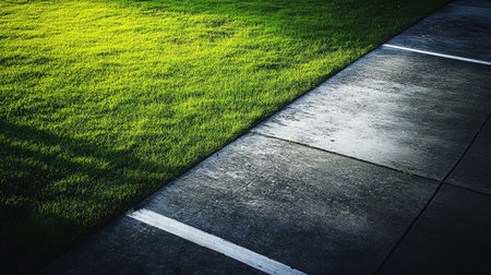 A captivating scene showcasing a vivid green lawn seamlessly blending with a smooth concrete pathway, illuminated by gentle sunlight for a refreshing, serene outdoor experience.の素材