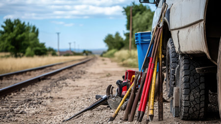 This image captures a collection of tools neatly arranged next to a vehicle beside a railway track, set in a serene rural environment with vibrant greenery and blue skies.の素材
