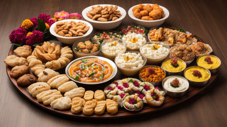 A lavish arrangement of diverse Indian sweets and savory snacks on a wooden platter, perfect for celebrating special occasions and bringing joy to gatherings.の素材