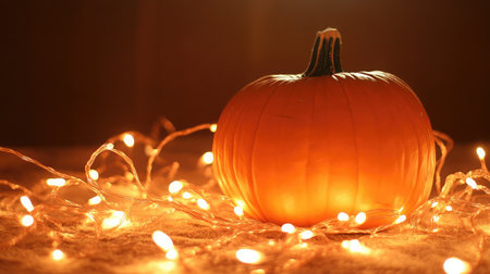 A beautiful orange pumpkin set against a warm glow of soft twinkling lights, creating a serene and inviting atmosphere ideal for autumn celebrations and home decor.の素材