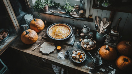 A cozy kitchen scene featuring a freshly baked pumpkin pie surrounded by pumpkins and baking tools, capturing the essence of autumn and the joy of home cooking.の素材