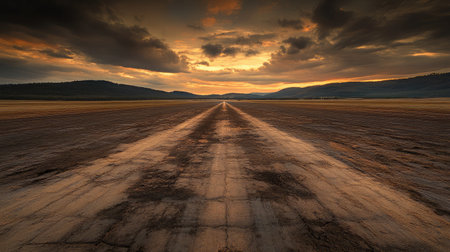 Experience the breathtaking beauty of a sunset illuminating a vast landscape, with reflections on a wet surface and dramatic clouds shaping a tranquil natural scene.の素材