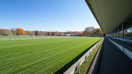 A picturesque view of a wide racecourse with neatly manicured grass, embraced by autumn colors and a luminous blue sky, offering a serene outdoor setting for visitors.の素材