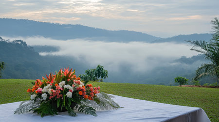 A breathtaking view of a floral arrangement on a table with a misty mountain valley in the background, showcasing the tranquility and beauty of nature at dawn.の素材