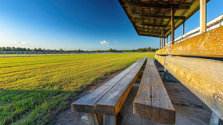 A tranquil scene featuring an abandoned baseball dugout nestled in a sunlit field, with a clear blue sky and gentle clouds creating a peaceful rural landscape.の素材