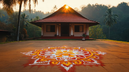 A serene morning scene featuring a traditional house illuminated by sunrise, showcasing a vibrant rangoli design in the foreground amidst lush greenery.の素材